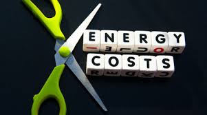 Cut Your Energy Costs Graphic, image demonstrates green scissors cutting into cubes saying 'energy costs'