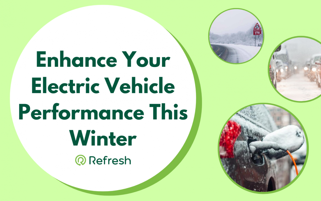 Enhance Your Electric Vehicle Performance This Winter Cover Photo with three images, one of an electric car plugged in with snow, second image is vehicles sitting in traffic in snow and the third image is a road in winter with snow.