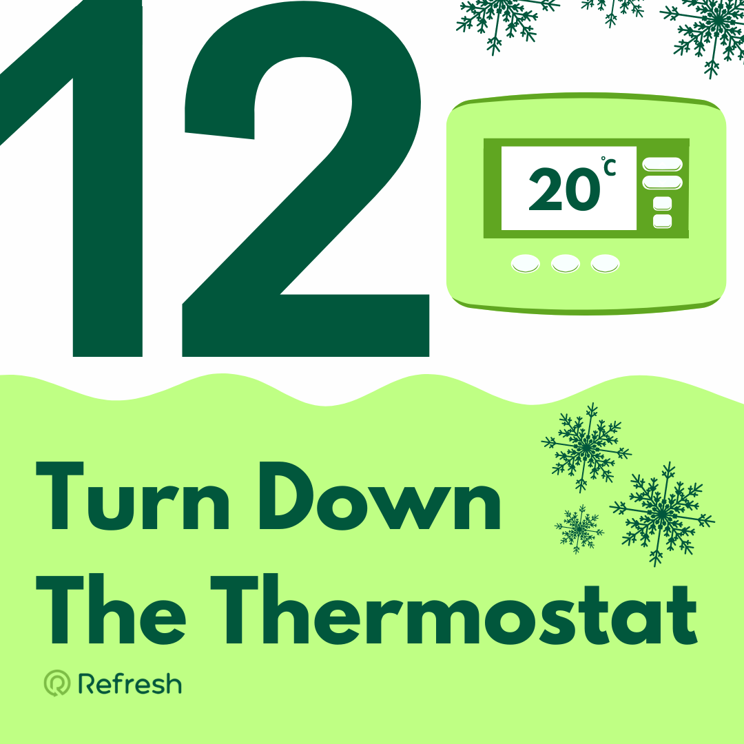 Tip number 12 - Turn down the thermostat with graphic of thermostat.
