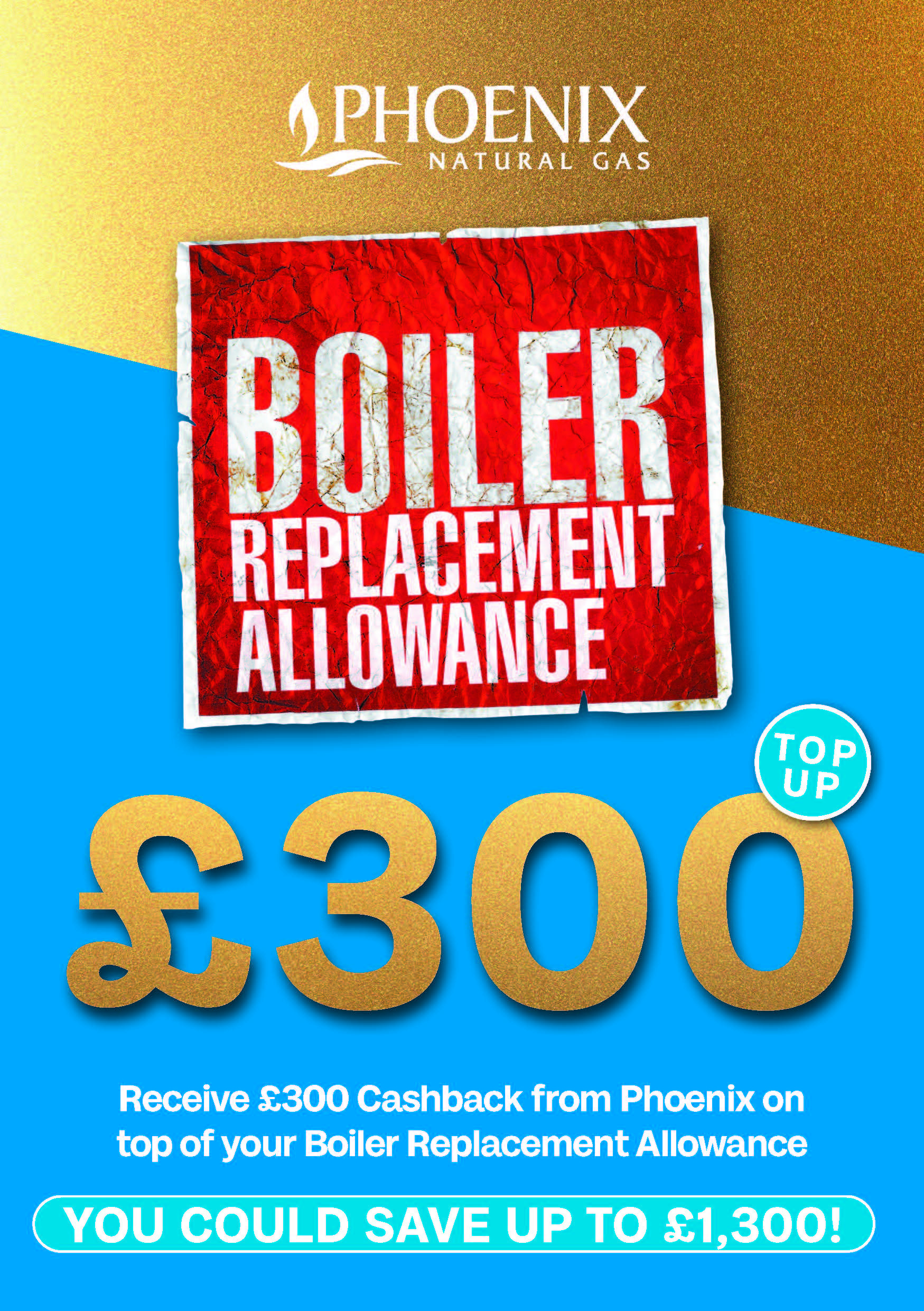 Boiler Replacement Allowance £300 Top Up, you could save up £1,300 - receive £300 cashback from Phoenix on top of your boiler replacement allowance.