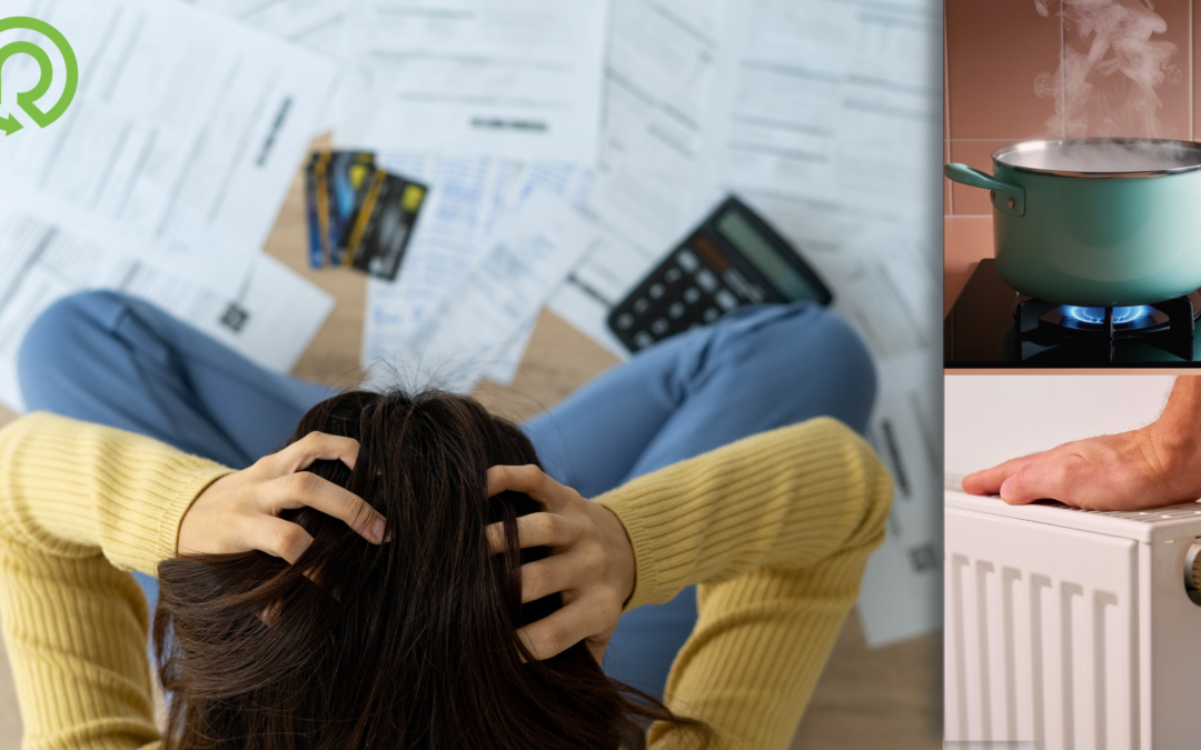 Image of a person stressed over bill and a gas hob and radiator